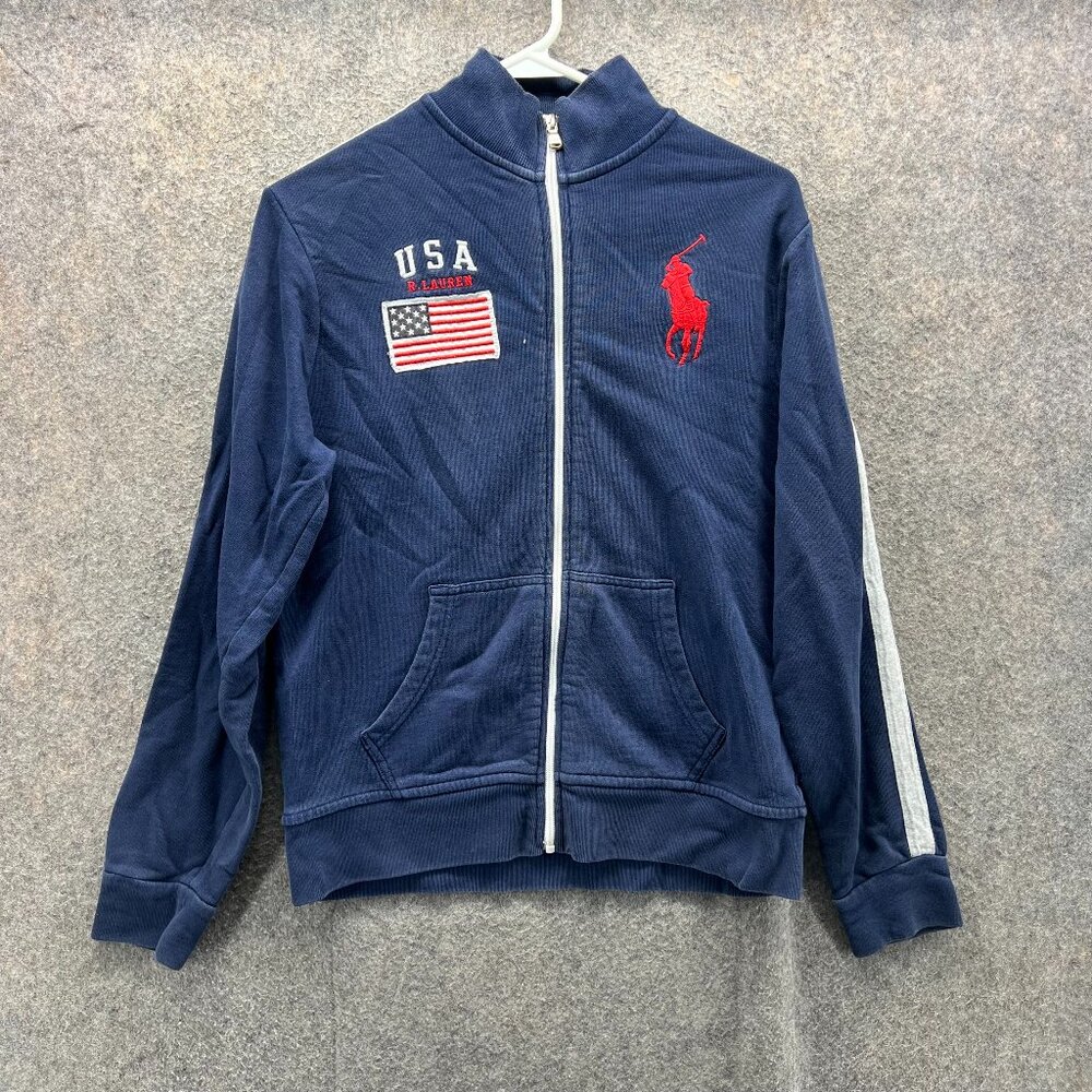 Polo Ralph Lauren Jacket Women Small Blue Big Pony USA Flag Full Zip Embroidered